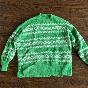 Aerie Green and White Crew Neck Sweater with Fair Isle Design